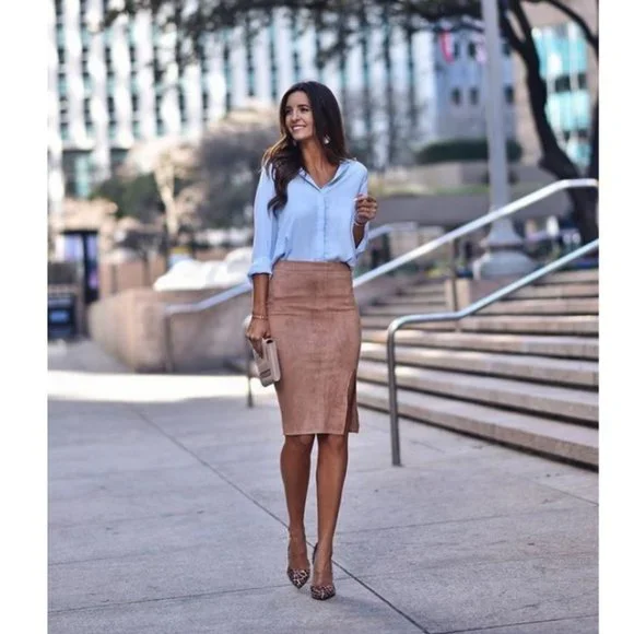 Vintage Danier Suede Leather Camel Tan High Rise Mini Midi Preppy Pencil Skirt - Picture 13 of 14